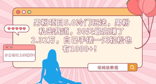 男粉项目5.0冷门玩法,男粉私密赛道,30天最高赚了2.32万,自己手搓一天轻松也有1000+【揭秘】-第一资源库