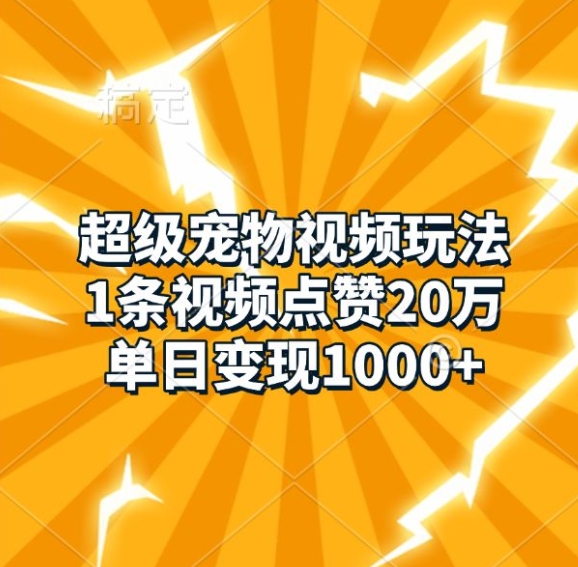 超级宠物视频玩法,1条视频点赞20万,单日变现1k-第一资源库