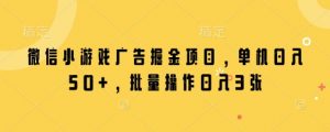 微信小游戏广告掘金项目,单机日入50+,批量操作日入3张-第一资源库