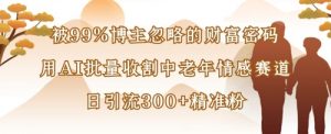 被99%博主忽略的财富密码:用AI批量收割中老年情感赛道,日引流300+精准粉-第一资源库
