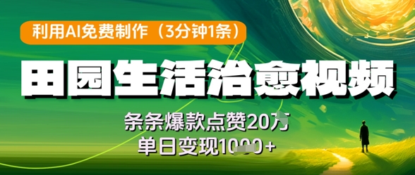 利用AI免费制作田园生活治愈视频,条条爆款点赞20W,单日变现几张-第一资源库