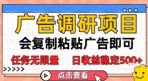 广告调研项目,会复制粘贴广告即可,任务无限量,日收益稳定5张【揭秘】-第一资源库