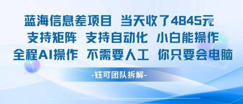 蓝海信息差项目当天收米1k+ 支持矩阵支持自动化小白能操作全程AI操作不需要人工你只要会电脑-第一资源库
