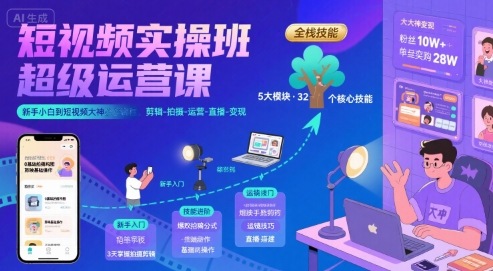 短视频实操班超级运营课,新手小白到短视频大神必修课程,剪辑-拍摄-运营-直播-变现-第一资源库
