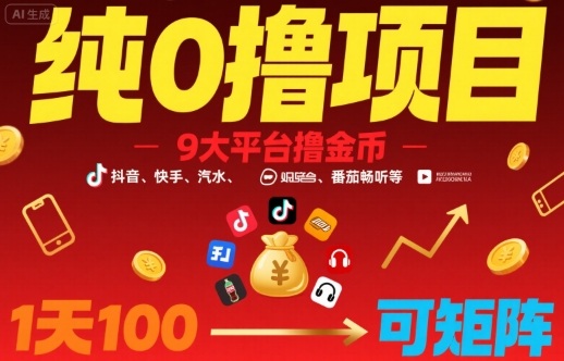 纯0撸项目，9大平台撸金币，抖音，快手，汽水，番茄畅听等，1天100，可矩阵-第一资源库