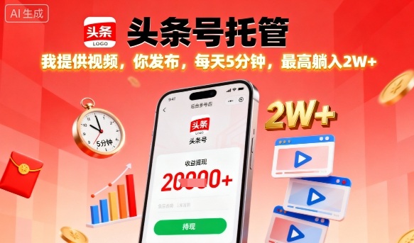 【头条号托管】我提供视频,你发布,每天5分钟,最高躺入2W+【揭秘】-第一资源库