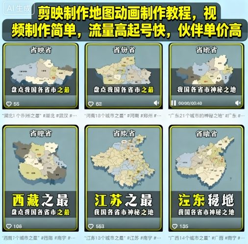 剪映制作地图动画制作教程,视频制作简单,流量高起号快,伙伴单价高-第一资源库