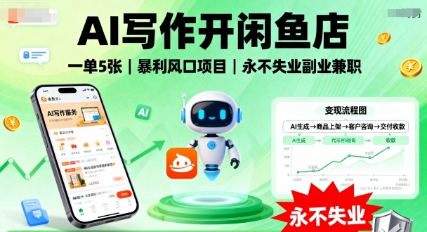 AI写作开闲鱼店,一单5张,暴利风口项目,永不失业副业兼职【全网首发】-第一资源库