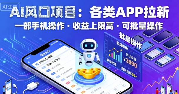 AI风口项目,各类APP拉新,一部手机就可以操作,收益上限高,可批量操作-第一资源库