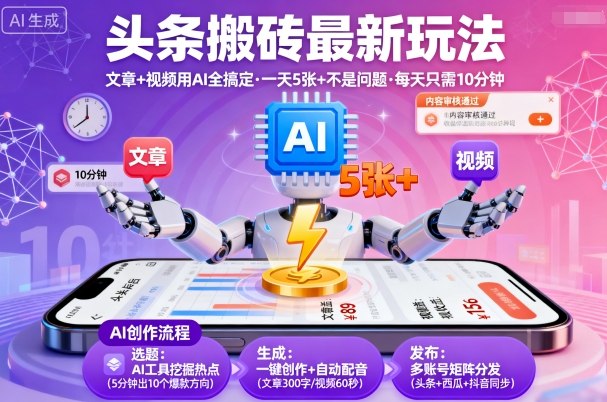 头条搬砖最新玩法,文章+视频用AI全搞定,一天5张+不是问题,每天只需10分钟-第一资源库