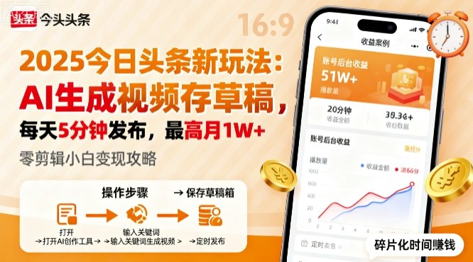 2025年今日头条躺賺新玩法,AI生成视频存草稿,每天5分钟发布,最高月1W+【揭秘】-第一资源库