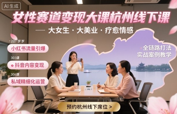 女性赛道变现大课杭州线下，大女生，大美业，疗愈情感，一套小红书、抖音、私域全链路打法-第一资源库