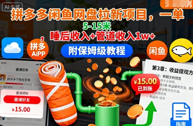拼多多闲鱼网盘拉新项目,一单5-15米,睡后收入+管道收入1w+(附保姆级教程)-第一资源库