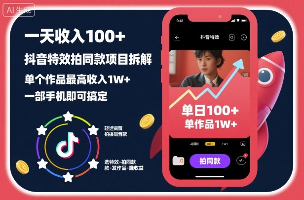 一天收入100+,抖音特效拍同款项目拆解,单个作品最高收入1W+,一部手机即可搞定-第一资源库