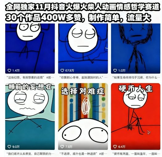全网独家11月抖音火爆火柴人动画情感哲学赛道,30个作品400W多赞,制作简单,流量大【教学+素材】-第一资源库