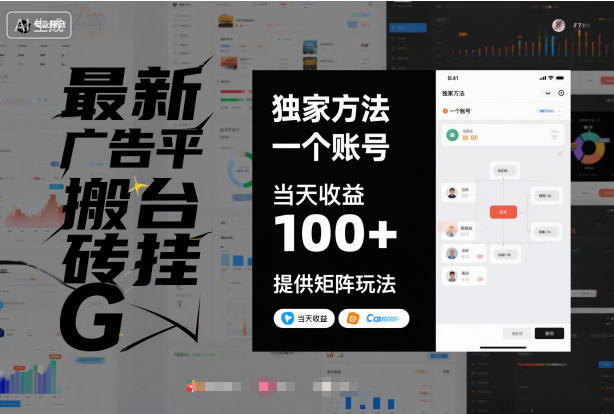 最新广告平台搬砖挂G,独家方法,一个账号,当天收益100+,提供矩阵玩法【揭秘】-第一资源库