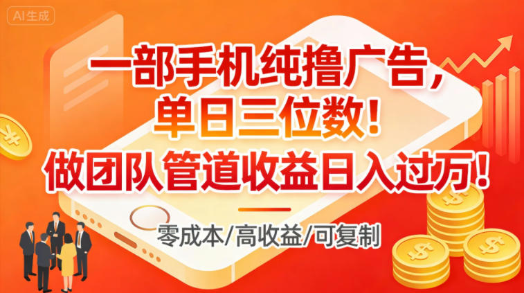 一部手机纯撸广告，单日三位数，做团队管道收益日入过1W-第一资源库