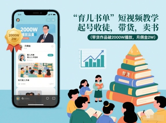 育儿书单短视频教学,起号收徒,带货,卖书(带货作品破2000W播放,月佣金2W)-第一资源库