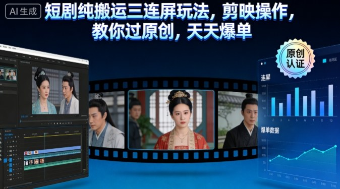 短剧纯搬运三连屏玩法,剪映操作,教你过原创,天天爆单-第一资源库