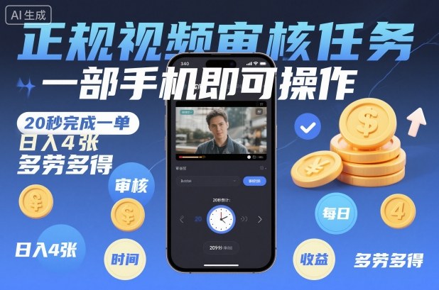 正规视频审核任务,一部手机即可操作,20秒完成一单,日入4张,多劳多得【揭秘】-第一资源库