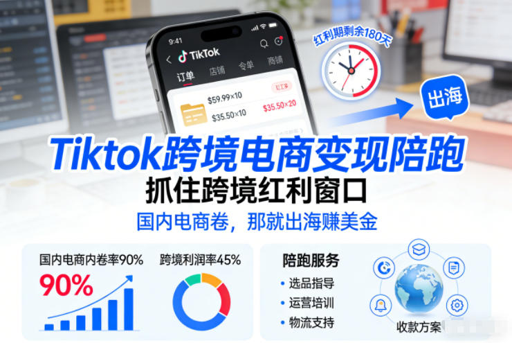 Tiktok跨境电商变现陪跑,抓住跨境红利窗口,国内电商卷,那就出海賺美金-第一资源库